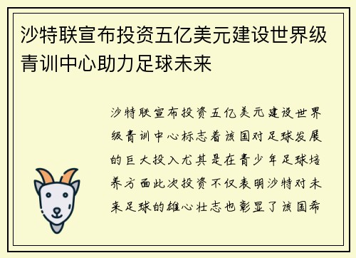 沙特联宣布投资五亿美元建设世界级青训中心助力足球未来